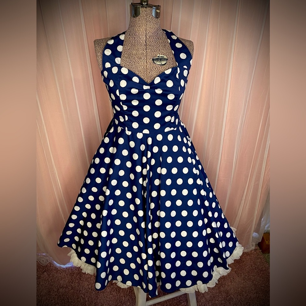 Navy Dot Full Circle Swing Dress from Hell Bunny